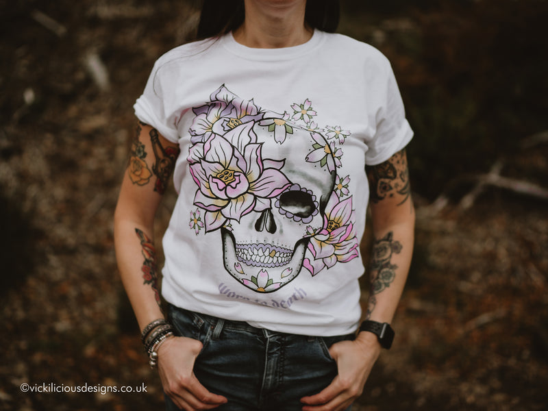 Worn to Death Lotus Flower and Sakura Sugar Skull T-shirt