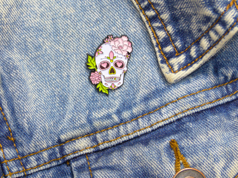 Peony & Love Heart Sugar Skull Tattoo Soft Enamel Pin on jacket