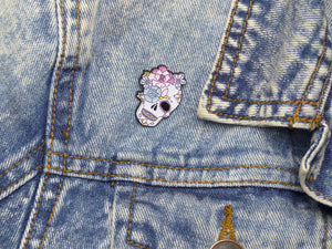Peony & Rose Sugar Skull Tattoo Soft Enamel Pin on jacket