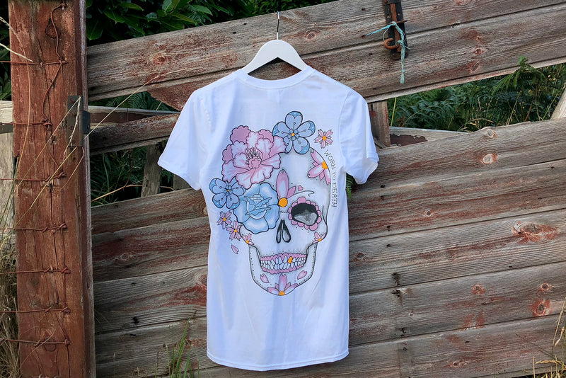 Peony Day of the Dead Sugar Skull Tattoo Front & Back Print T-shirt