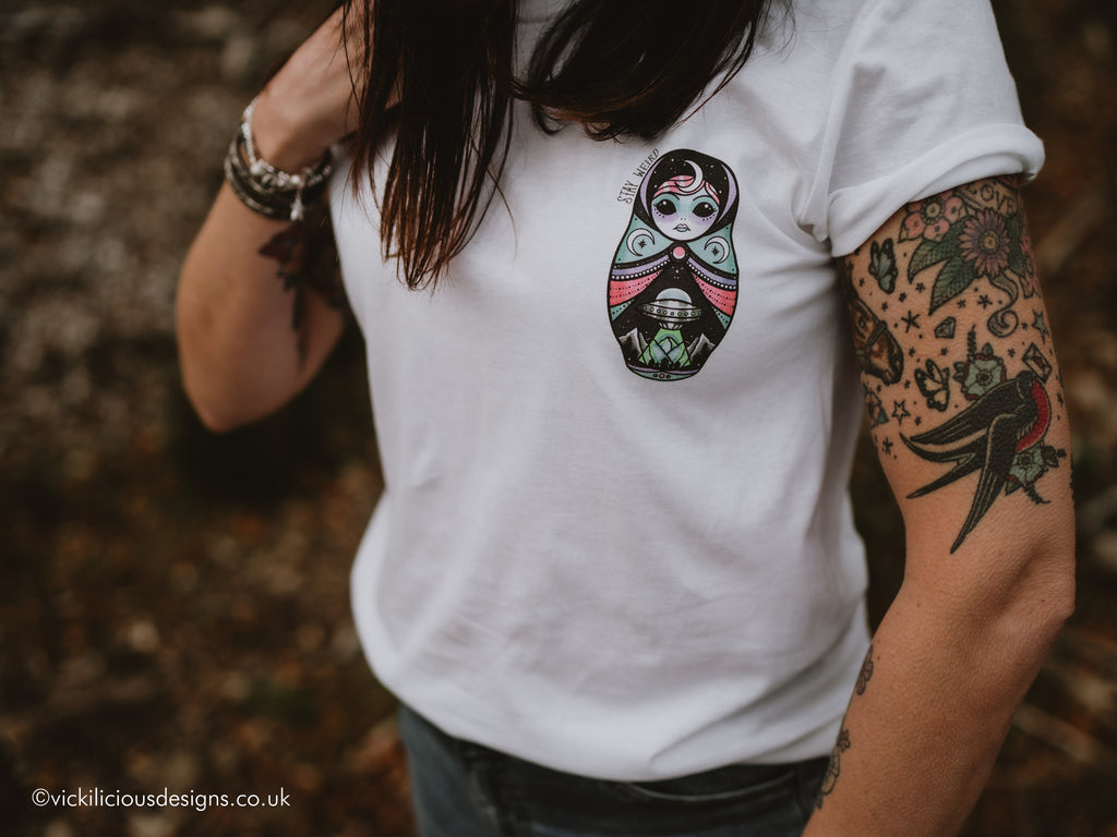 STAY WEIRD Alien Russian Doll Tattoo T-shirt