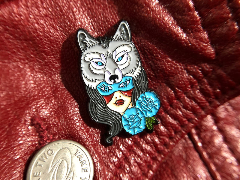 Winter Wolf Goddess Tattoo Soft Enamel Pin pinned on jacket