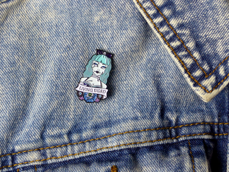 Living Dead Zombie Girl Tattoo Soft Enamel Pin on denim jacket