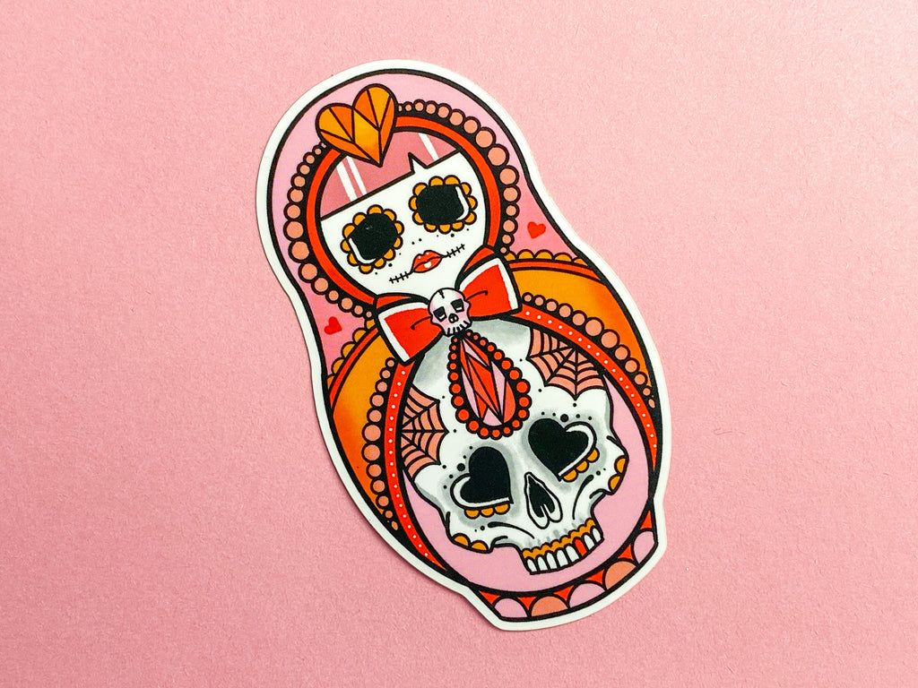 DEAD CUTE Crystal Sugar Skull Russian Doll Tattoo Sticker