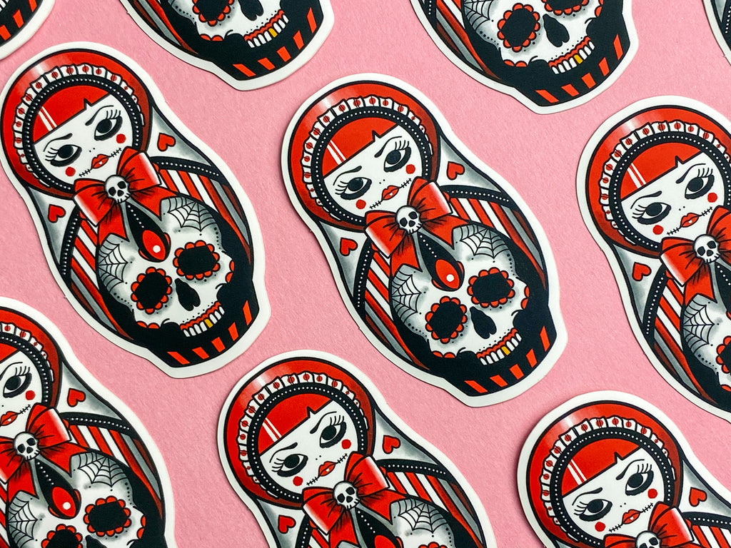 SWEET AS HELL Candy Skull Russian girl and Doll Tattoo Sticker