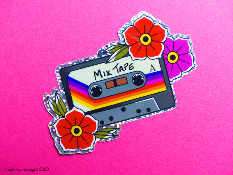 Rainbow 80s Cassette Tape Tattoo Glitter Sticker
