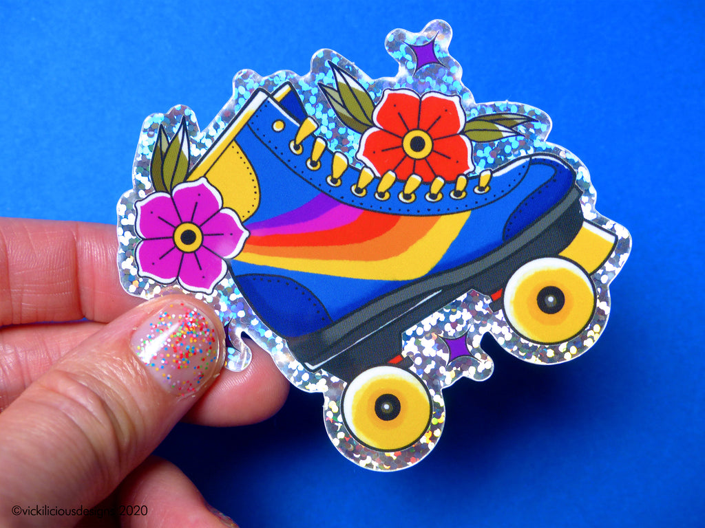 80s Rainbow Roller Skates Tattoo Print Glitter Sticker