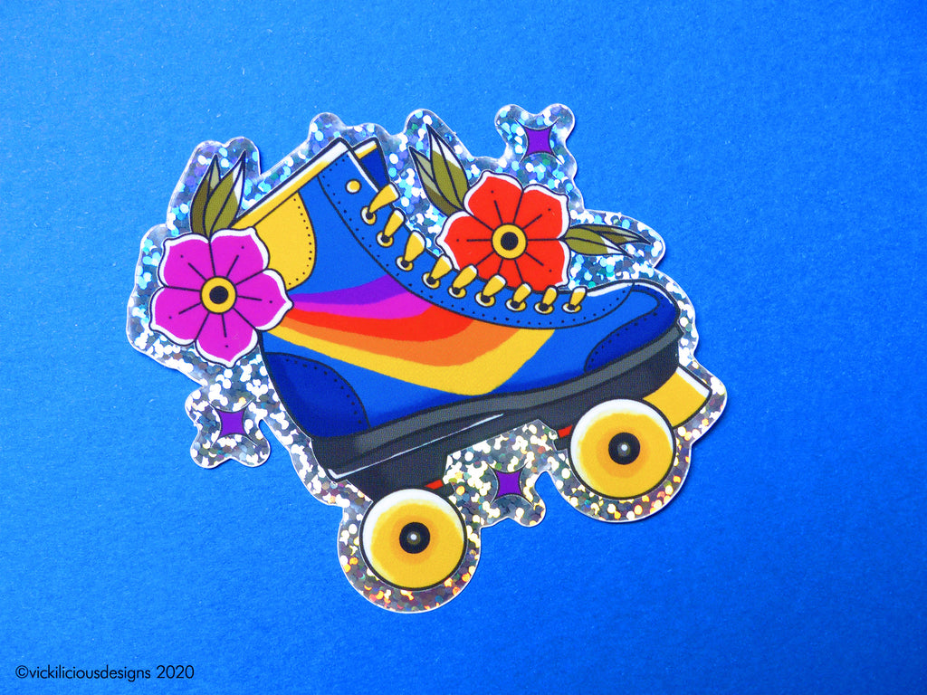 80s Rainbow Roller Skates Tattoo Print Glitter Sticker